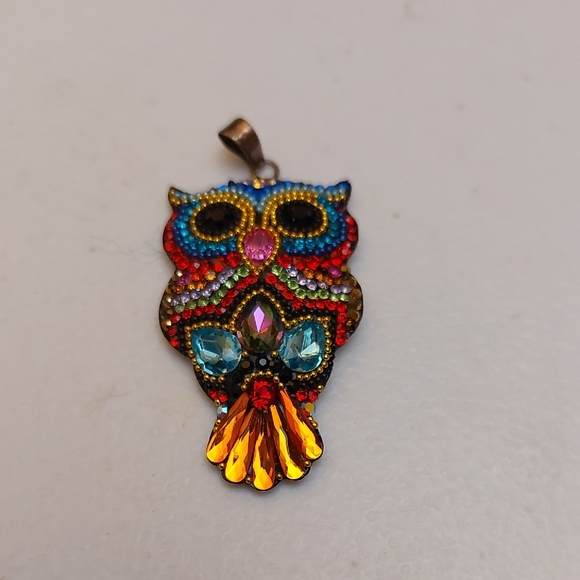 Jewelry - Vibrant Multicolor Crystals Micro Mosaic Owl Sterling Silver Pendant